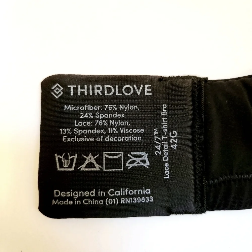 NWT THIRDLOVE BLACK 24/7 LACE DETAIL T-SHIRT BRA 42G